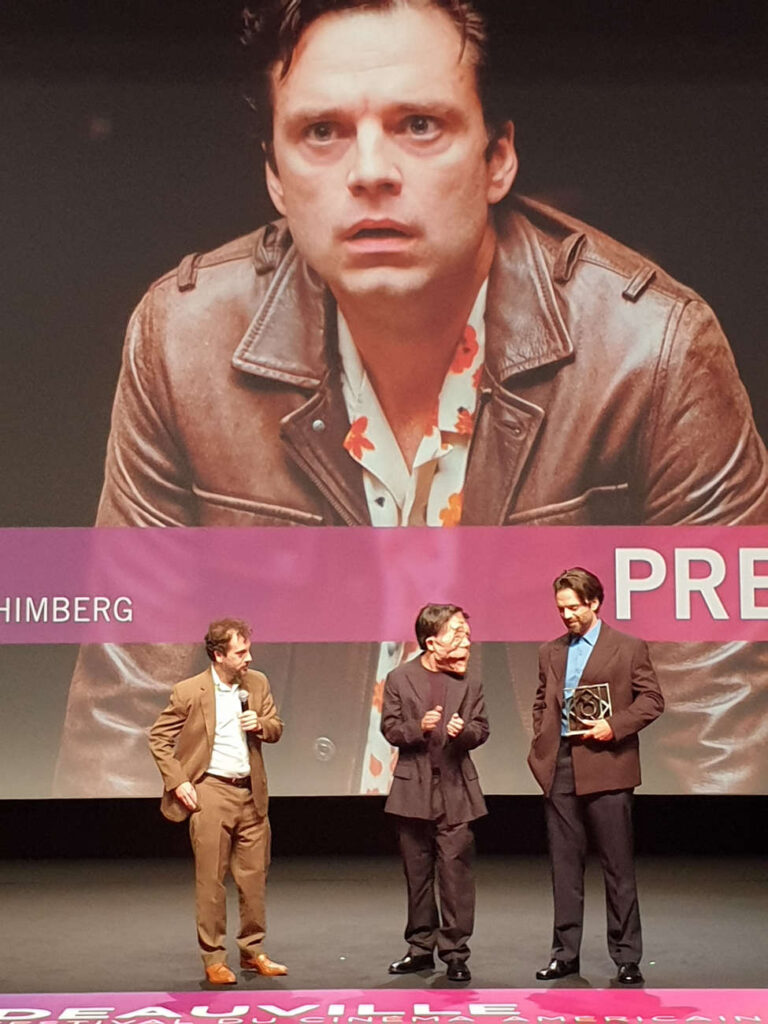 Sebastian Stan (right) with director Aaron Schimberg and actor Adam Pearson before the screening of “A different man”.